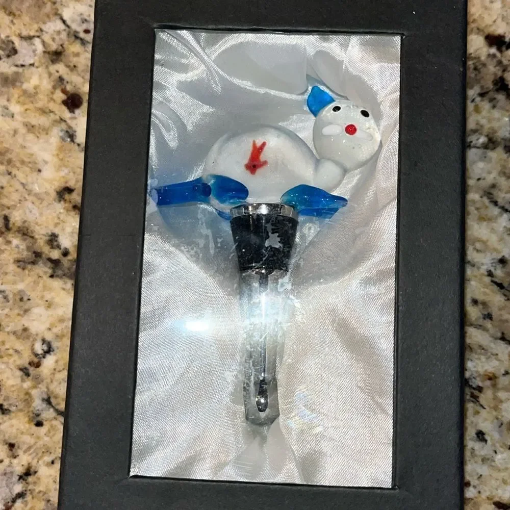 Kitty cat with blue ears feet & tail Goldfish in belly glass Bottle Stopper Wine